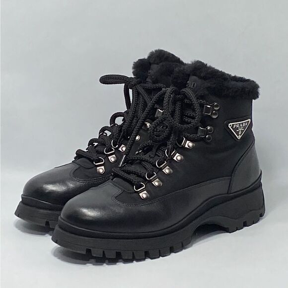 Prada Brixxen 38 Shearling-Lined Leather & Nylon Hiking Boots size 37.5 - Picture 2 of 13
